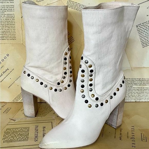 Free People Studded Dakota Heel Boot Leather Slouch Ivory Distressed Leather - Picture 3 of 9